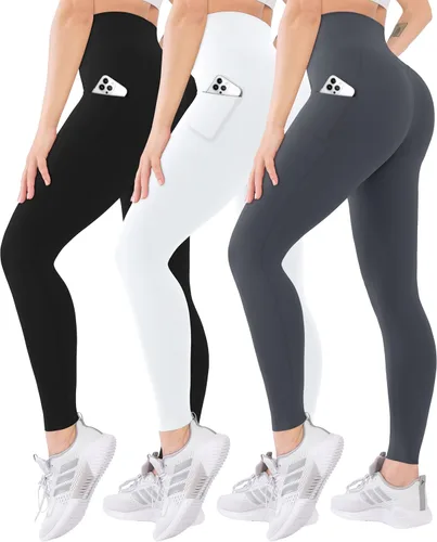 Vista 51 de Blisset - Paquete de 3 leggings de cintura alta para mujer con bolsillos, pantalones suaves y activos para control de abdomen, ideales para yoga