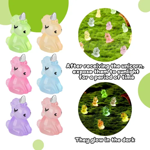 Vista 4 de Fuyamp 60 piezas de mini unicornio de resina luminoso miniatura que brilla en la oscuridad, adorno de unicornio pequeño para jardín, paisaje