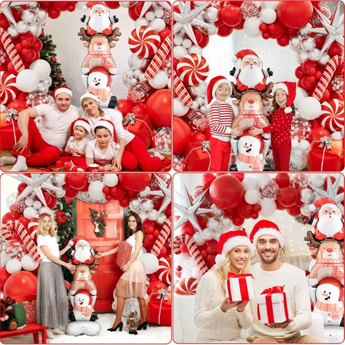 Vista 3 de Kit de arco de guirnalda de globos de Navidad con globos rojos y blancos plateados, globos de confeti, dulces, bastón, estrella de explosión, caja