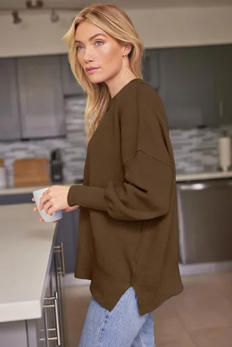 Vista 51 de Lillusory - Suéter extragrande con mangas de murciélago y cuello redondo para mujer, prenda moderna de otoño de tejido de punto sin botones
