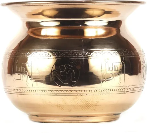 Vista 10 de ASHIRWAD Cobre puro en relieve Lota Kalash para oración hindú Pooja con Om Swastik Signs Arti Puja Pot para nuevo hogar AE000182-04 (1.0 L)