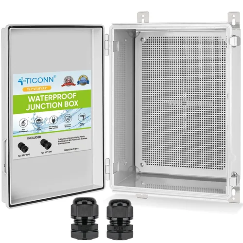 Vista 12 de TICONN - Caja de conexiones eléctricas impermeable IP67 con carcasa de plástico ABS con tapa con bisagras con placa de montaje, soportes de pared