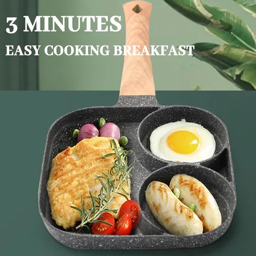 Vista 6 de JUSTUP Sartén antiadherente para huevos, mini sartén antiadherente 3 en 1, sartén dividida, mango resistente al calor, sartén de 3 secciones, mini