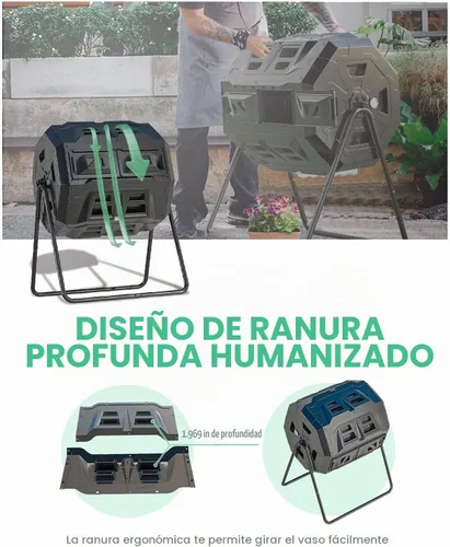 Vista 4 de Compostador giratorio mejorado 2021 con termómetro de compost - Contenedor de compost de jardín de cámara doble (43 galones, negro)
