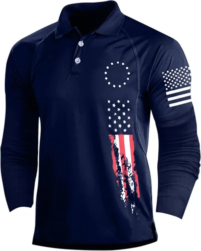 Vista 10 de Camisa polo de manga larga con bandera estadounidense para hombre, cuello gráfico patriótico, camiseta de golf, moderna, casual, cuello en V, tops