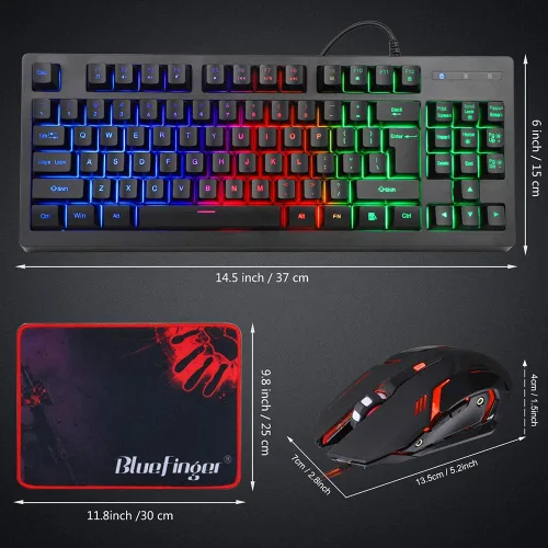 Vista 9 de BlueFinger Combo de teclado RGB para juegos de 87 teclas y mouse retroiluminado teclado arcoíris con cable USB juego de teclado para computadora