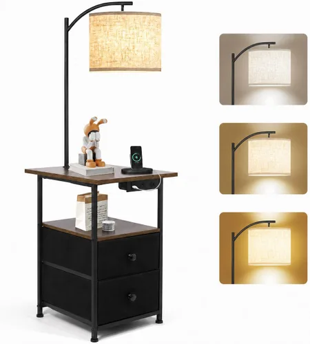 Vista 9 de PESRAE Lámpara de pie con mesa y 2 cajones, mesa auxiliar con luz de lectura de 3 temperaturas de color, lámpara de mesa lateral con USB y puertos