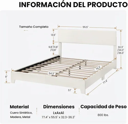 Vista 2 de SHA CERLIN Base de cama tamaño completo con cabecera ajustable, plataforma tapizada de piel sintética con listones de madera, base de colchón Blanco