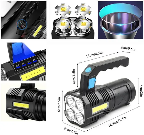 Vista 5 de Linterna recargable USB de alto lúmenes, linterna de camping con 4 potentes cuentas LED, linterna de mano para el hogar, 4 modos, impermeable