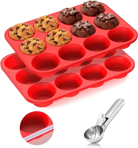 Vista 8 de Molde de silicona para muffins para hornear: Molde para muffins de 12 cavidades con marco reforzado de metal, moldes de tamaño regular para cupcakes