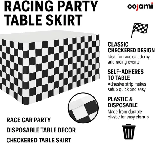 Vista 4 de Paquete de 4 faldas de mesa a cuadros en blanco y negro – 14 pies x 29 pulgadas, faldas de mesa de plástico a cuadros para decoración de fiesta