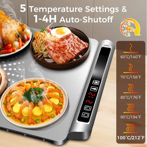 Vista 2 de Tapete de calentamiento para alimentos, bandeja de calentamiento eléctrica con 5 niveles de temperatura ajustable y temporizador, alfombrilla