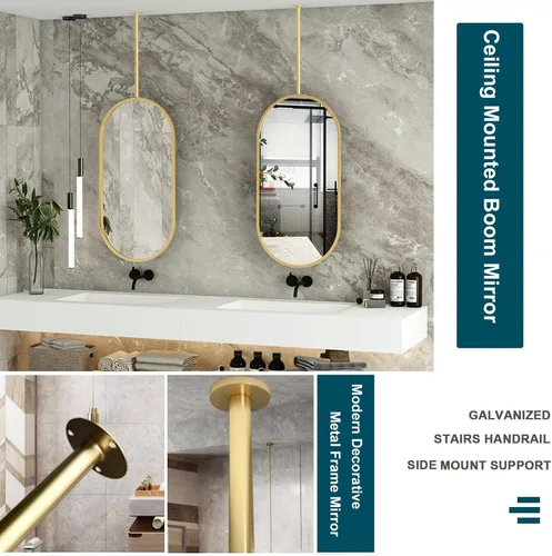 Vista 3 de Espejos de baño para tocador, espejo dorado montado en el techo con marco de metal y barra para colgar en el techo, espejo de pared decorativo