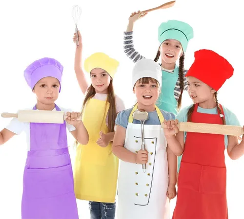 Vista 6 de Toal - Juego de 8 delantales y sombrero de chef, delantales de cocina para niños, coloridos delantales ajustables con 2 bolsillos para niñas, niños