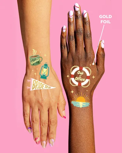 Vista 4 de xo, Fetti Tatuajes temporales de despedida de soltera – 42 estilos de lámina dorada Decoración de despedida de soltera glamping, accesorio