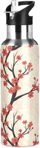 Vista 8 de Insulated Water Bottle 32 Oz, BPA-Free Sports Water Bottle with Straw for Gym Outdoor Travel School, Red Cherry Blossoms Dots
