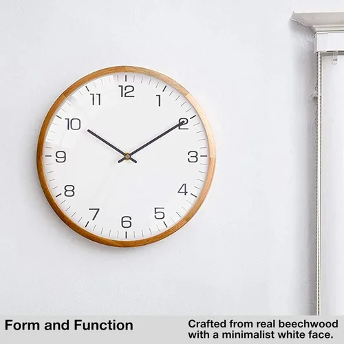 Vista 2 de Driini Reloj de pared analógico de cristal con cúpula (12 pulgadas), marco de madera con cara blanca, moderno, funciona con pilas y manos que