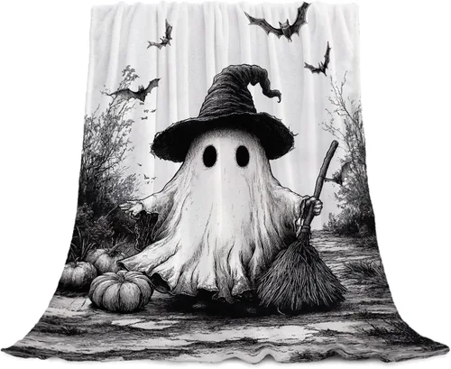 Vista 13 de YeeJu Manta de Halloween pequeña de fantasma espeluznante negro, manta de Halloween para bebé, manta acogedora suave y ligera de felpa de forro