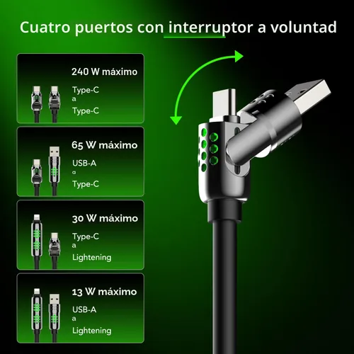 Vista 6 de Cable de carga rápida 4 en 1 con funda, 6.6 pies, color negro Cargador rápido PD 3.1 máximo de 240 W, USB-A/USB-C a USB-C/Lightning, compatible