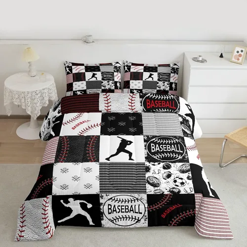 Vista 2 de Erosebridal - Juego de edredón individual para niños con diseño de béisbol y sóftbol, juego de cama deportivo acolchado para niños, edredón