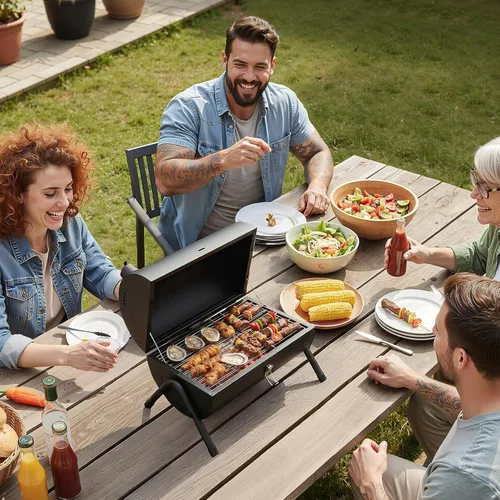 Vista 7 de VINGLI Parrilla de carbón portátil de doble cara, mango de madera, bolsa de almacenamiento, multifuncional de metal compacto de mesa para barbacoa