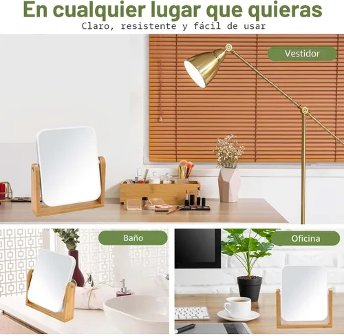 Vista 6 de LFOYOU Espejo de maquillaje de tocador con soporte de bambú natural, espejo de aumento giratorio de 360 grados de doble cara, espejo de maquillaje