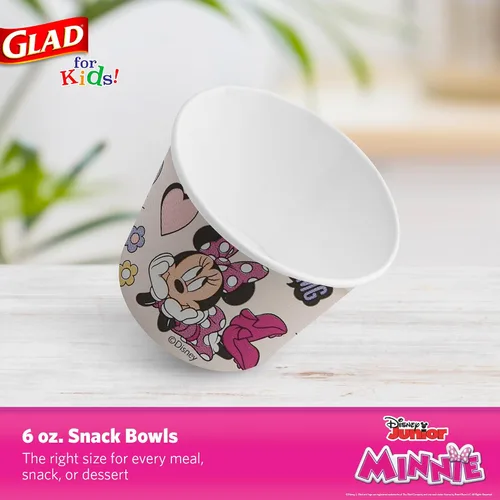 Vista 2 de Glad para niños Disney Mickey y amigos, cuencos desechables de papel para aperitivos, sin tapas, Minnie rosa - resistente, apto para microondas