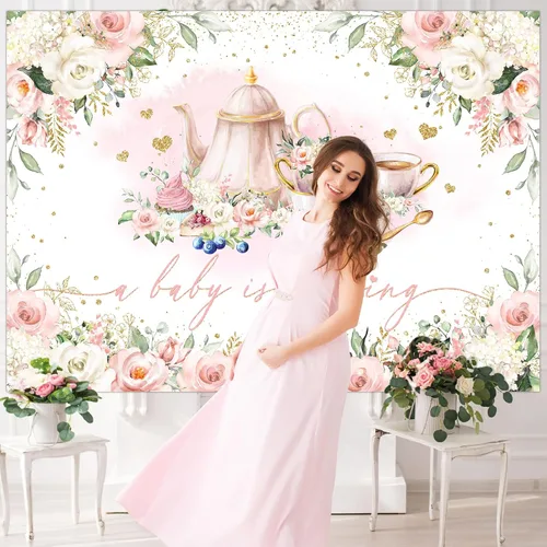 Vista 5 de Avezano Fondo de fiesta de té con texto en inglés "A Baby is Brewing", decoración de fiesta de té para niñas, decoración de fiesta de baby shower