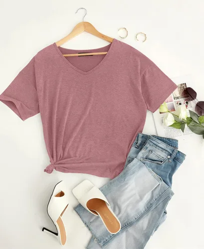 Vista 4 de MIROL Camisetas de media manga para mujer, cuello en V, de gran tamaño, sueltas, casuales, básicas, de color liso