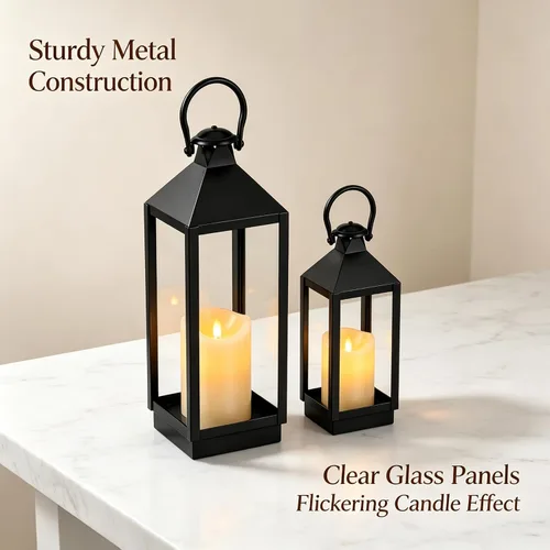 Vista 4 de 2 Pack Black Decorative Lantern Set 17 Inch and 13 Inch Metal Frame Lanterns with LED Flickering Candles for Indoor Outdoor Home Patio Decor