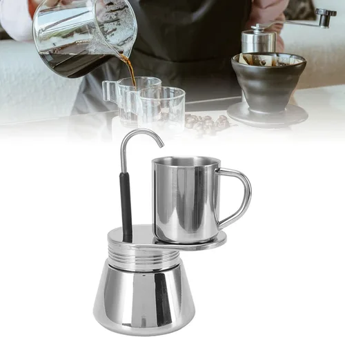 Vista 7 de OUKENS Máquina de café expreso, olla de acero inoxidable con boquilla única, tubo de bricolaje, taza de café, juego de tazas de café al aire libre
