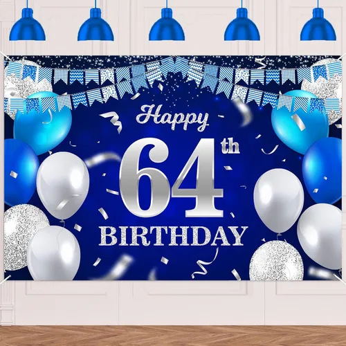 Vista 56 de Bandera de feliz primer cumpleaños con fondo azul marino, globos, confeti, bandera de rayas, luces de puntos, felicitaciones por el tema de 1 año