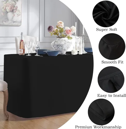 Vista 3 de BLACK-4FT Mantel ajustado cubiertas de mesa para mesas rectangulares de 4 pies - Resistente al agua, lavable, tela de poliéster, manteles
