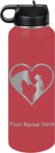 Vista 10 de LaserGram Botella de agua personalizada, corazón de vaquera de caballo, acero inoxidable de doble pared aislada al vacío con popote superior, regalo