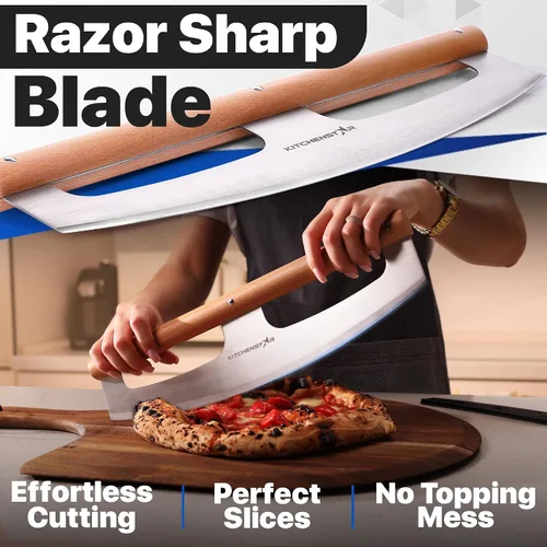 Vista 3 de KitchenStar Cortador de pizza de 16 pulgadas con hoja balancín - Cuchillo de corte de acero inoxidable ultra afilado, elegante mango de madera