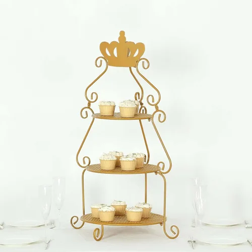 Vista 24 de Efavormart - Soporte de plástico transparente para cupcakes de 3 niveles con borde barroco dorado en relieve, soporte redondo de postres