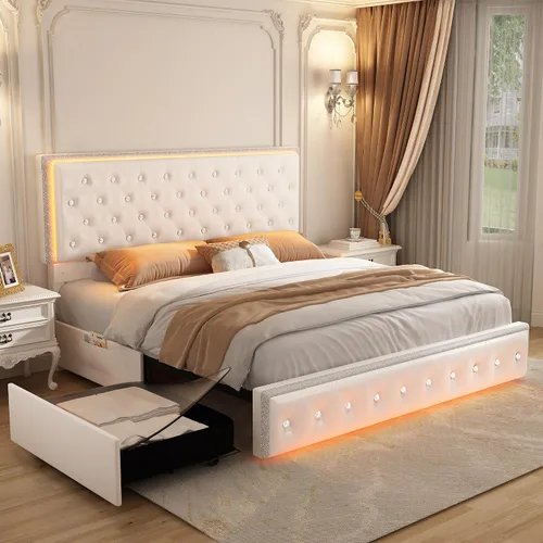 Vista 11 de SIBEDS Base de cama completa con LED y 2 cajones, marco de cama de plataforma de metal resistente de tamaño completo con cabecera ajustable con Negro
