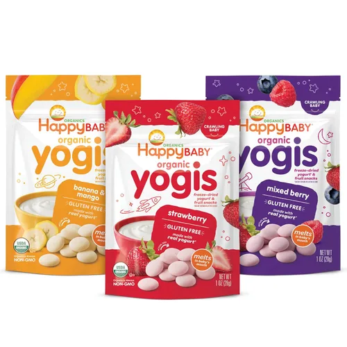 Vista 17 de Happy Baby Organics Yogis Snacks liofilizados de yogur y frutas, plátano y mango, bolsa de 1 onza (paquete de 8) el embalaje puede variar