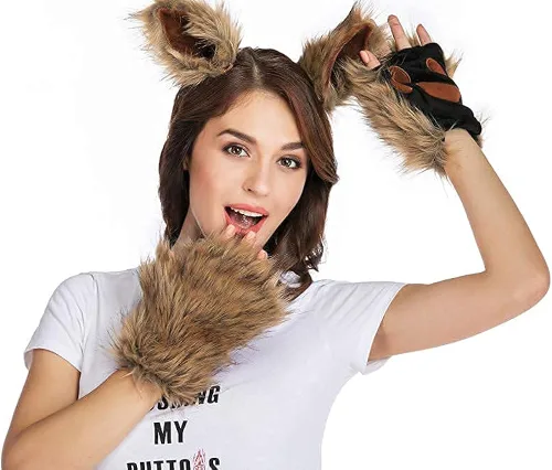 Vista 6 de HAOAN Guantes de pata de lobo de piel sintética para gatos, guantes sin dedos, para invierno, cálidos, cosplay, Halloween, fiesta de disfraces