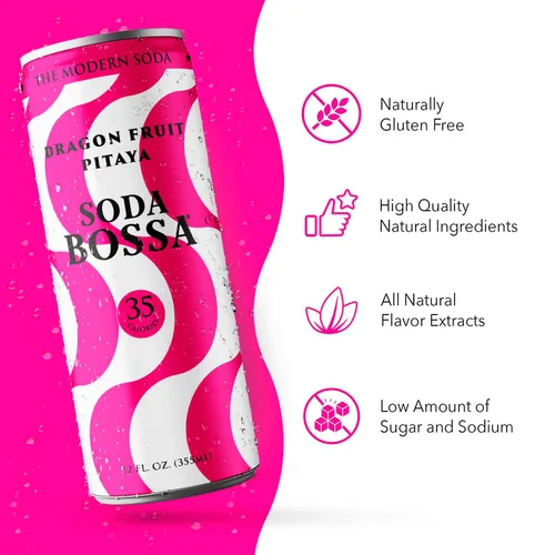 Vista 8 de Soda Bossa Soda sana espumosa, fruta del dragón, baja en calorías, sin gluten y sin OMG, sin culpa e hidratante, soda natural, latas de soda