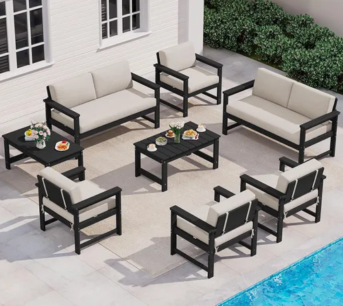 Vista 12 de SERWALL Juego de sofá de 2 piezas de sillón Adirondack acolchado de Marco negro/cojín gris