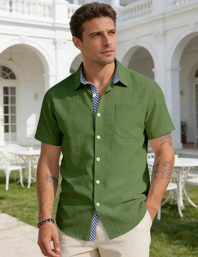 Vista 2 de Camisas con botones para hombre, manga corta, casual, verano, playa, vacaciones, boda, con bolsillo