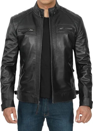 Vista 7 de Decrum Chaqueta de piel de cordero real Cafe Racer para hombre, estilo de Austin Negro