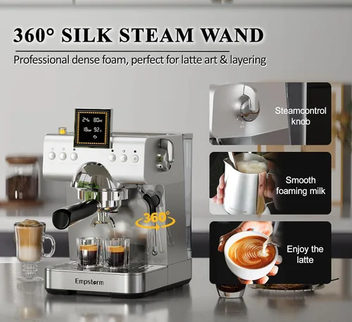 Vista 6 de Empstorm Cafetera Espresso 20 Bares con Espumador de Leche de Vapor, Cafetera Espresso de Acero Inoxidable con Pantalla LED Cafetera para Café