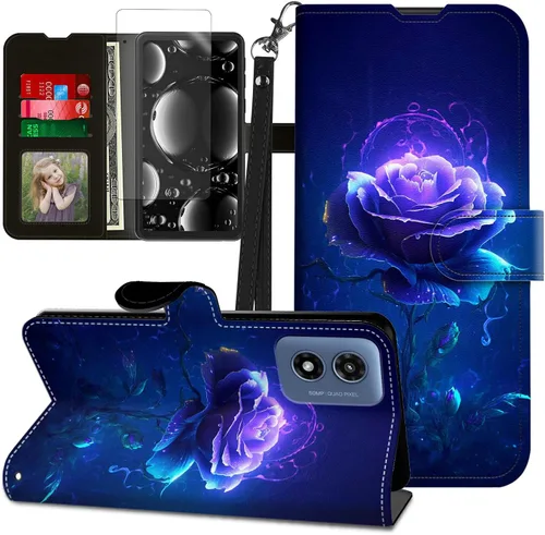 Vista 431 de Funda para Motorola Edge 2022 con protector de pantalla, soporte y tarjetero y correa para la muñeca, funda magnética para Moto Edge 2022 5G UW Lobo