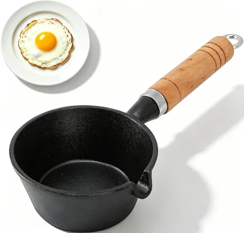 Vista 9 de Mini Sartén para Huevos, Sartén de Hierro Fundido para Tortillas con Mango de Madera, Mini Sartén Pre-Sazonada, Sartén Antiadherente de Hierro