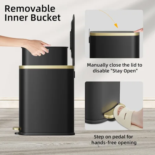 Vista 5 de KUK Cubo de basura pequeño para baño con tapa de cierre suave, pedal de paso, cubo de basura de acero inoxidable de 2.6 galones con cubo