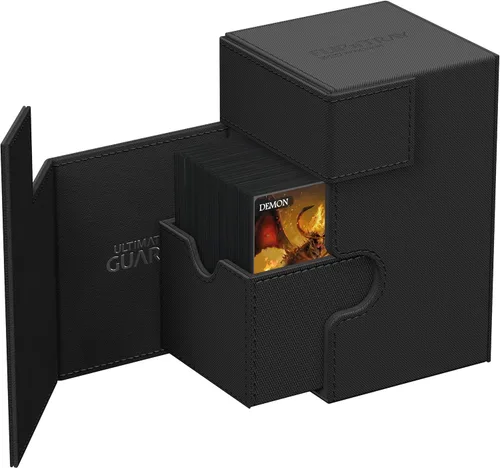 Vista 3 de Estuche Ultimate Guard Flip'n'Tray 100+, para 100 cartas con fundas dobles de TCG + bandeja para dados, negro, cierre magnético independiente