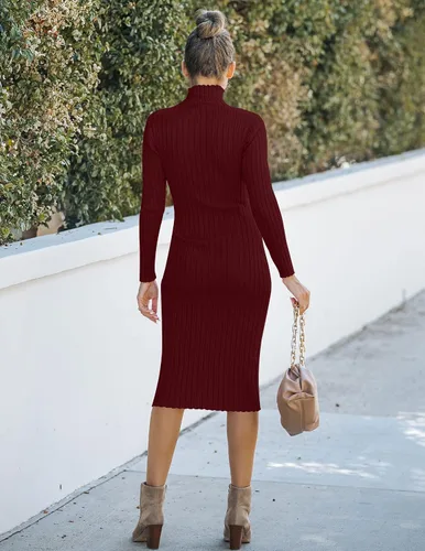 Vista 3 de MEROKEETY Vestido de manga larga acanalado para mujer con cuello alto y ajuste entallado