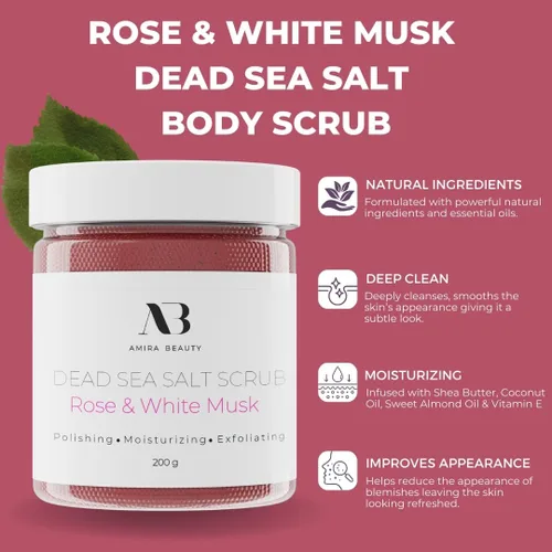 Vista 3 de Amira Beauty Exfoliante corporal con sal del mar muerto, exfoliante de ducha espumoso con aceites esenciales orgánicos, exfolia e hidrata la piel, 7